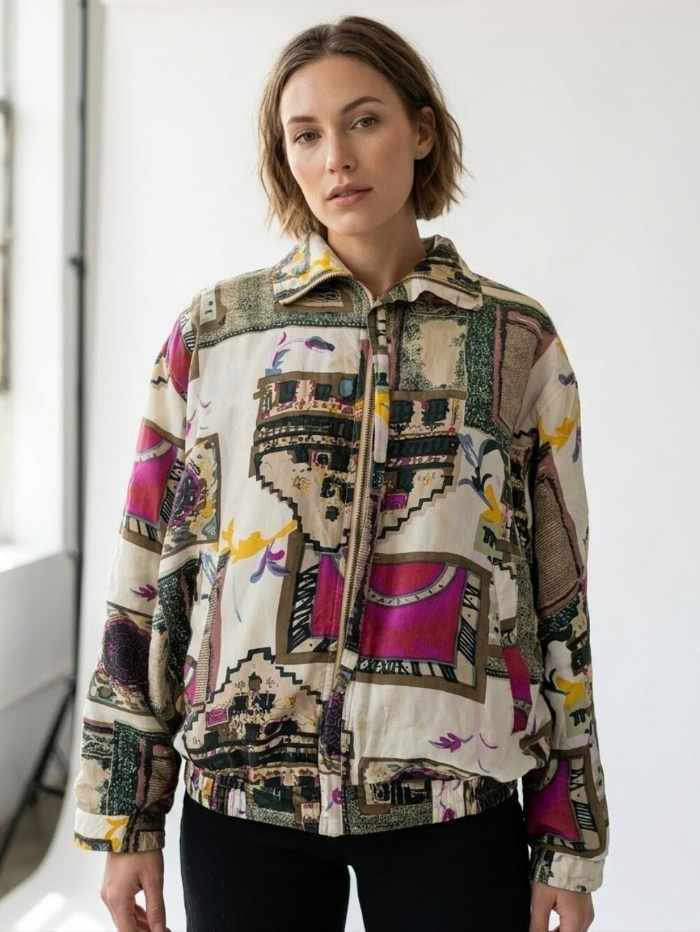Vintage 80s Fuda Jacket 100% Silk Abstract Women's Medium